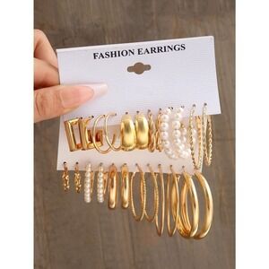 12 pairs Faux Pearl Twist gold Hoop Earrings green butterfly